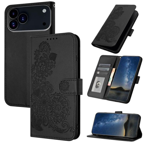 For iPhone 17 Pro Max Datura Flower Embossed Flip Leather Phone Case(Black)