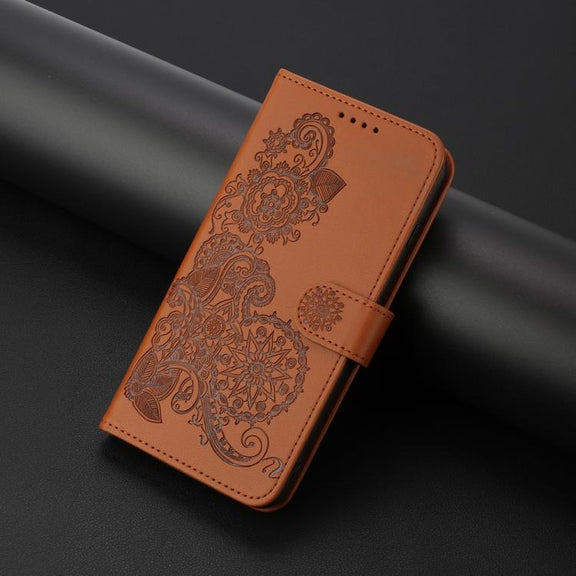 For iPhone 17 Pro Datura Flower Embossed Flip Leather Phone Case(Brown)