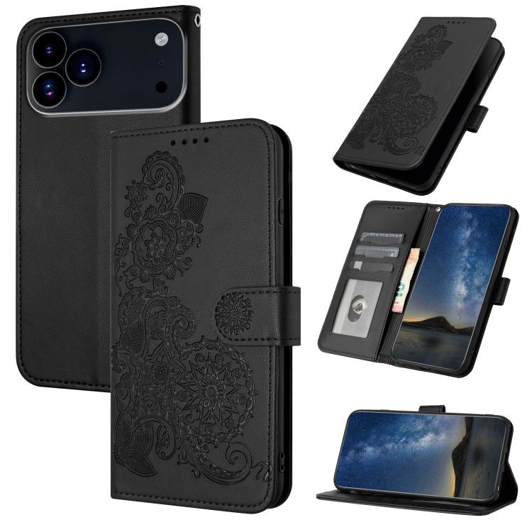 For iPhone 17 Pro Datura Flower Embossed Flip Leather Phone Case(Black)