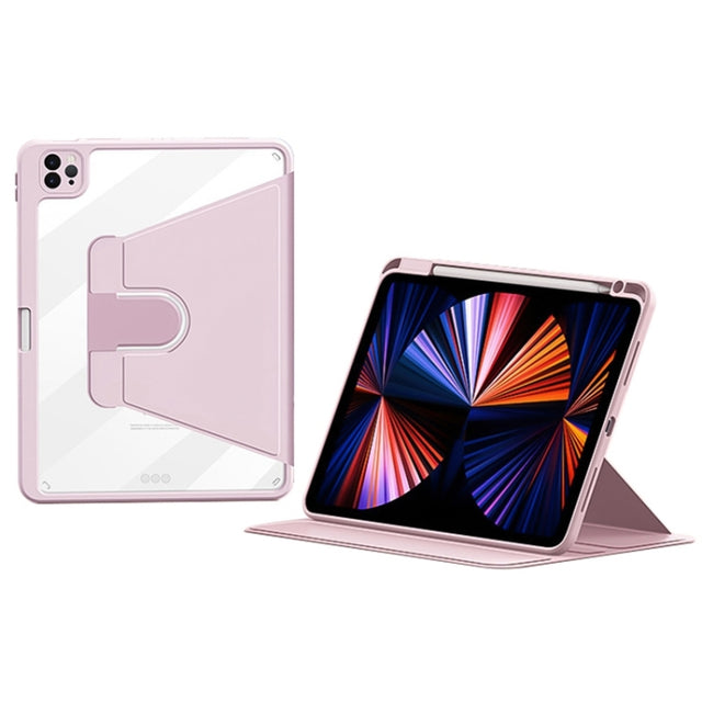 For iPad Pro 12.9 2022/2021/2020 ZGA Tri-Fold 360 Rotation Smart Leather Tablet Case(Pink)