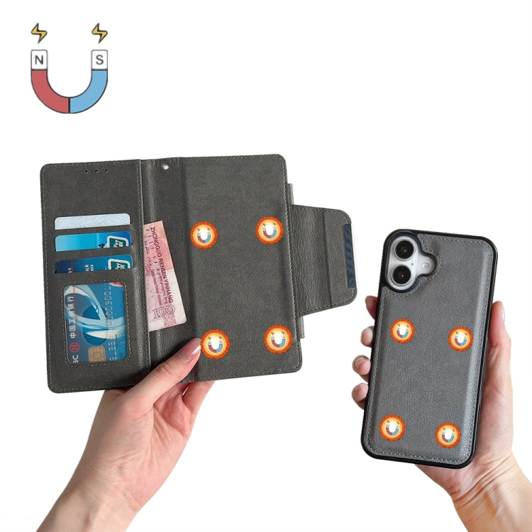 For iPhone 16 Multifunctional 7-Cards Wallet Leather Phone Case(Grey)