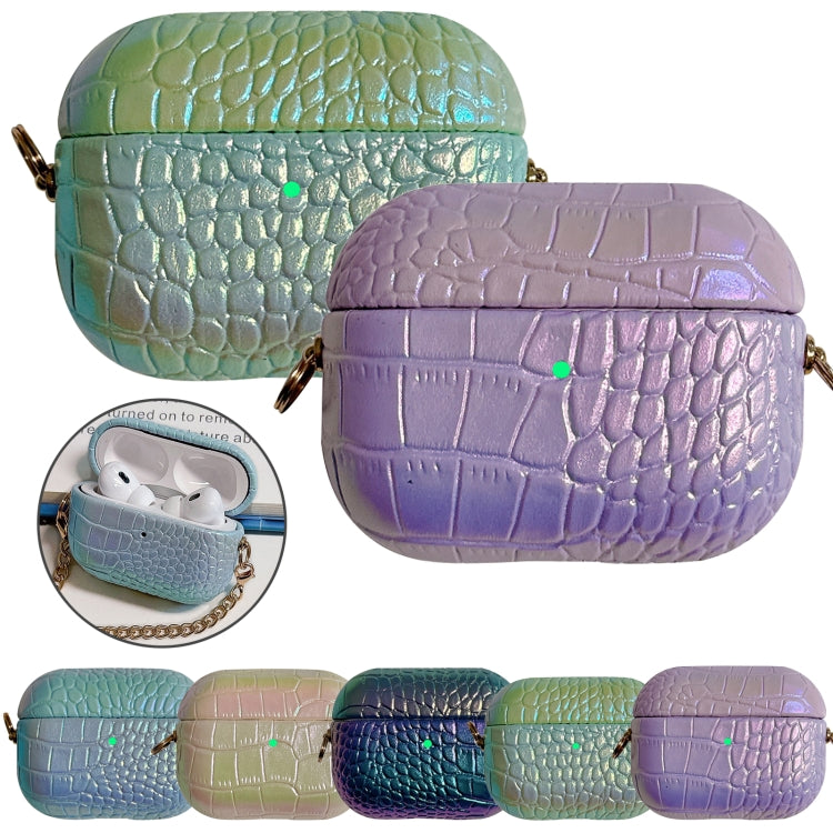 For AirPods Pro 2 Colorful Crocodile Pattern PC Earphone Case with Anti-lost Metal Long Chain(Purple)