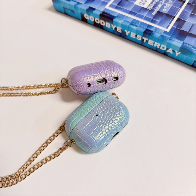 For AirPods Pro 2 Colorful Crocodile Pattern PC Earphone Case with Anti-lost Metal Long Chain(Purple)