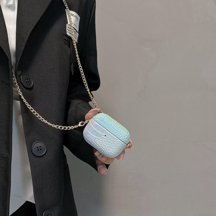 For AirPods Pro Colorful Crocodile Pattern PC Earphone Case with Anti-lost Metal Long Chain(Dark Blue)