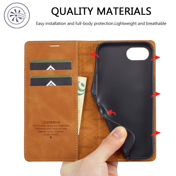 For iPhone 16e LC.IMEEKE Strong Magnetism Microfiber Leather Phone Case(Brown)