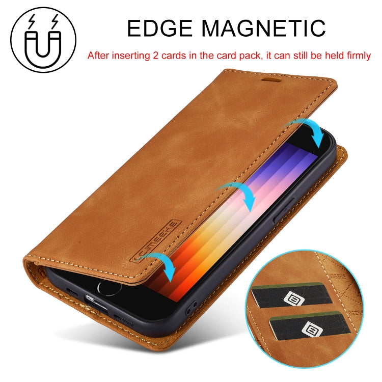 For iPhone 16e LC.IMEEKE Strong Magnetism Microfiber Leather Phone Case(Brown)