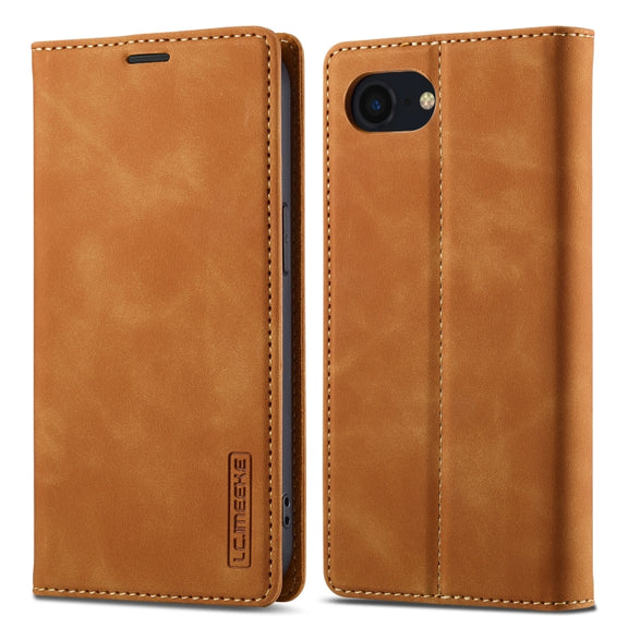For iPhone 16e LC.IMEEKE Strong Magnetism Microfiber Leather Phone Case(Brown)