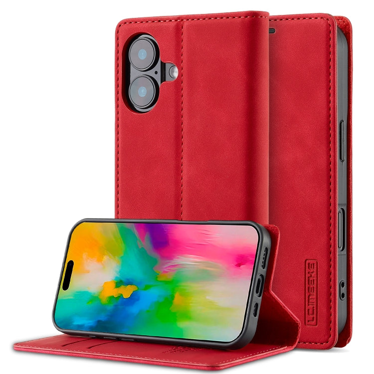 For iPhone 16 LC.IMEEKE Strong Magnetism Microfiber Leather Phone Case(Red)