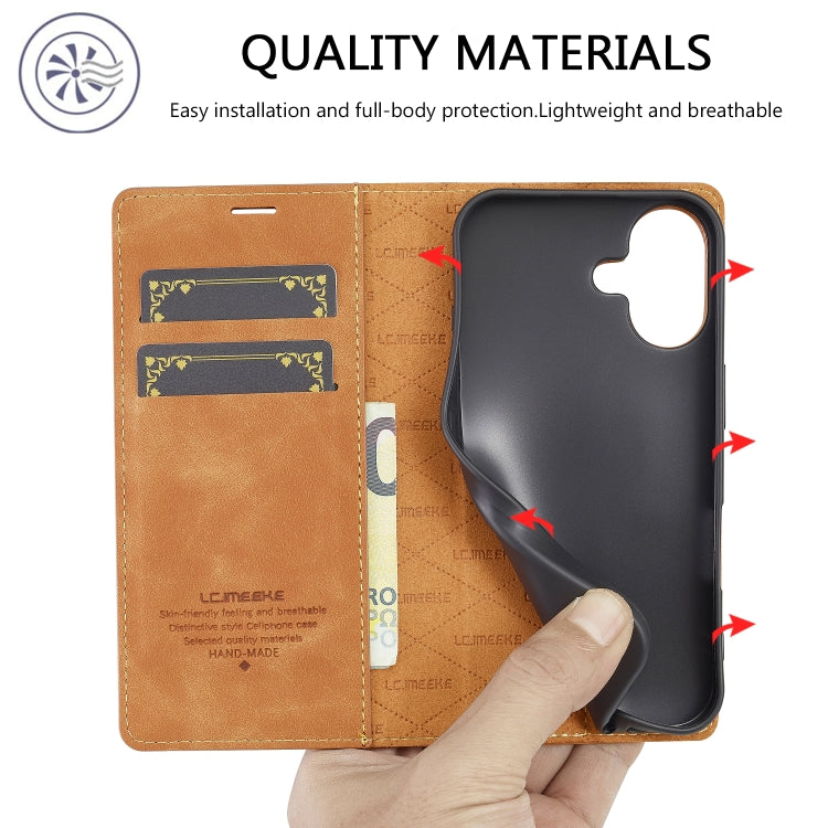 For iPhone 16 LC.IMEEKE Strong Magnetism Microfiber Leather Phone Case(Brown)