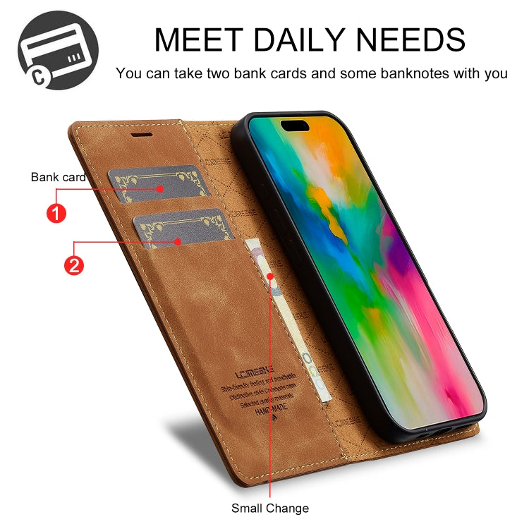 For iPhone 16 LC.IMEEKE Strong Magnetism Microfiber Leather Phone Case(Brown)
