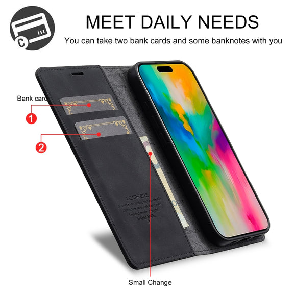 For iPhone 16 Plus LC.IMEEKE Strong Magnetism Microfiber Leather Phone Case(Black)