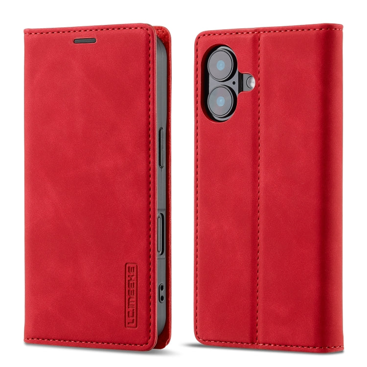 For iPhone 16 Plus LC.IMEEKE Strong Magnetism Microfiber Leather Phone Case(Red)