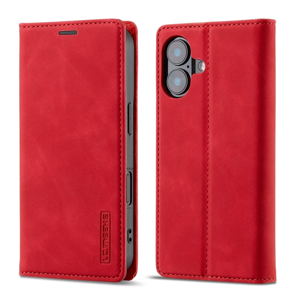 For iPhone 16 Plus LC.IMEEKE Strong Magnetism Microfiber Leather Phone Case(Red)