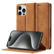 For iPhone 16 Pro LC.IMEEKE Strong Magnetism Microfiber Leather Phone Case(Brown)