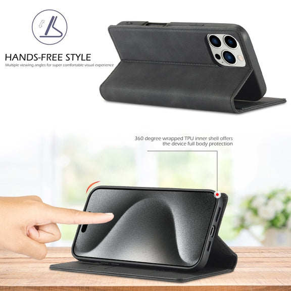 For iPhone 16 Pro Max LC.IMEEKE Strong Magnetism Microfiber Leather Phone Case(Black)