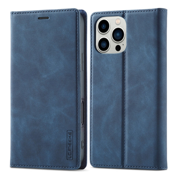 For iPhone 16 Pro Max LC.IMEEKE Strong Magnetism Microfiber Leather Phone Case(Blue)
