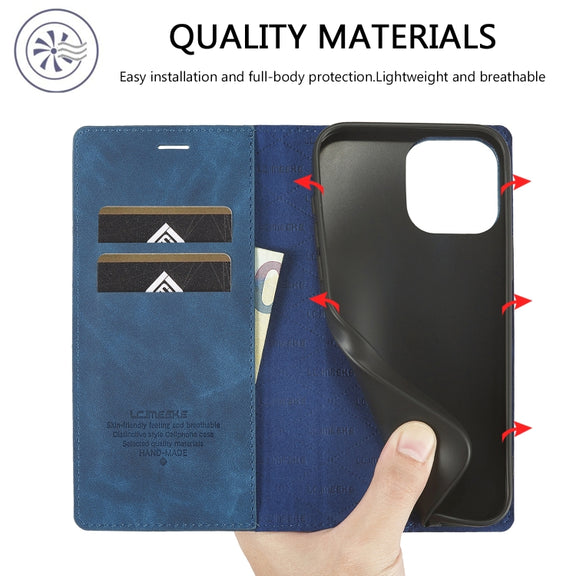 For iPhone 16 Pro Max LC.IMEEKE Strong Magnetism Microfiber Leather Phone Case(Blue)