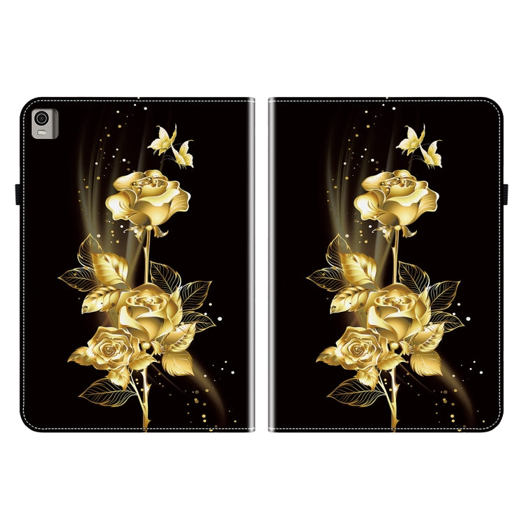For Nokia T21 Crystal Texture Painted Leather Tablet Case(Gold Butterfly Rose)