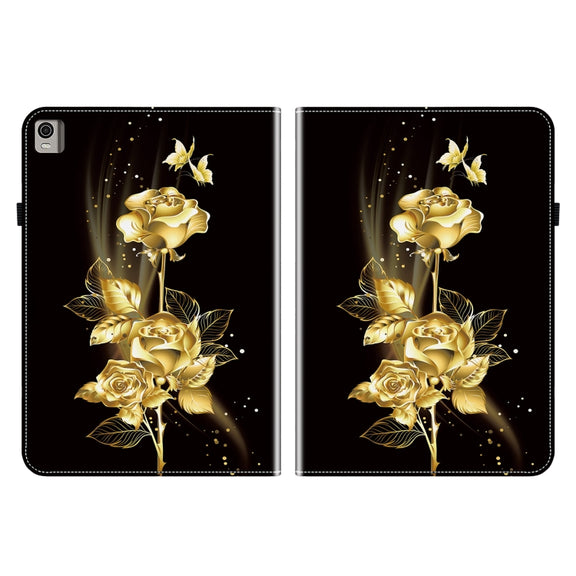For Nokia T21 Crystal Texture Painted Leather Tablet Case(Gold Butterfly Rose)