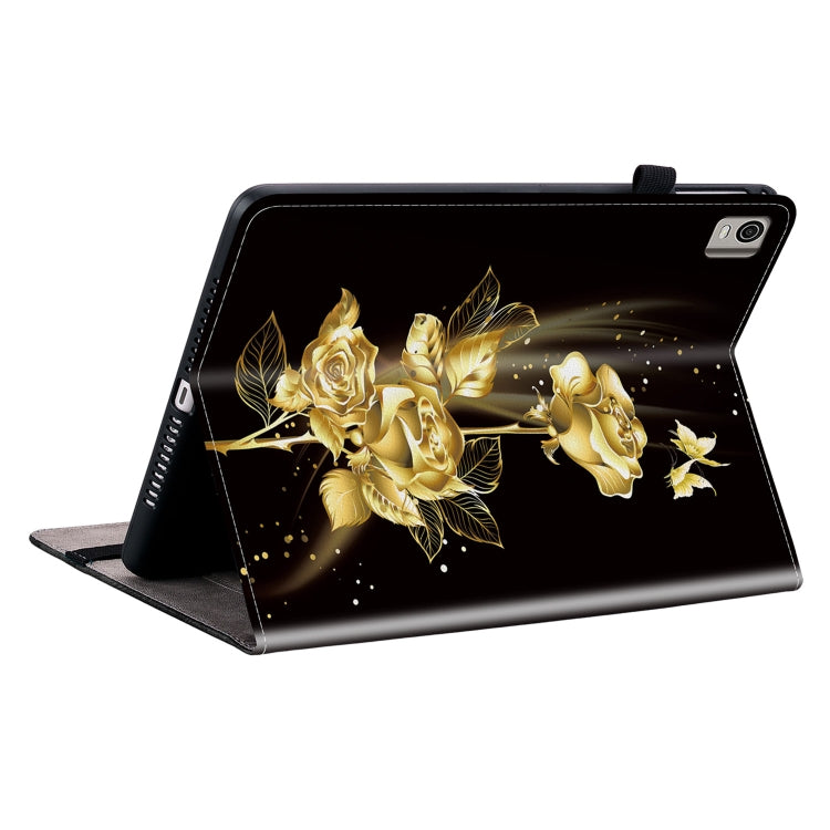 For Nokia T21 Crystal Texture Painted Leather Tablet Case(Gold Butterfly Rose)
