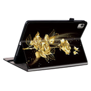 For Nokia T21 Crystal Texture Painted Leather Tablet Case(Gold Butterfly Rose)