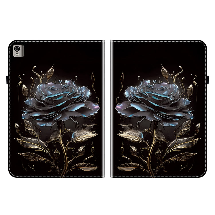 For Nokia T21 Crystal Texture Painted Leather Tablet Case(Black Rose)