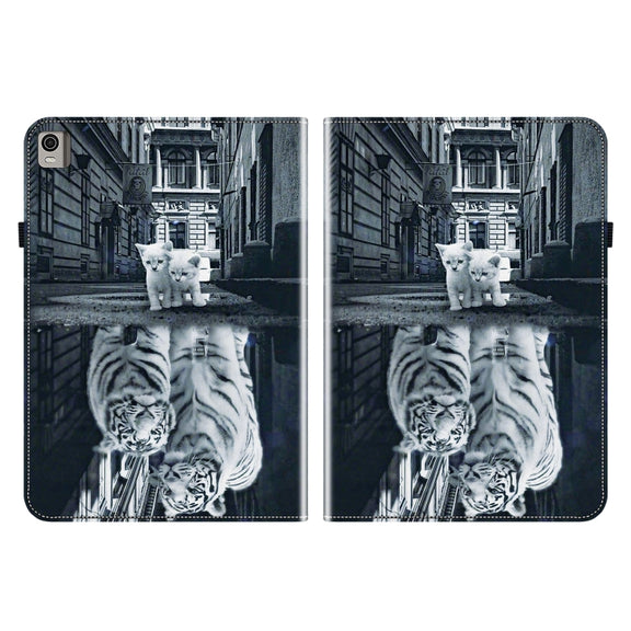 For Nokia T21 Crystal Texture Painted Leather Tablet Case(Cat Reflection Tiger)