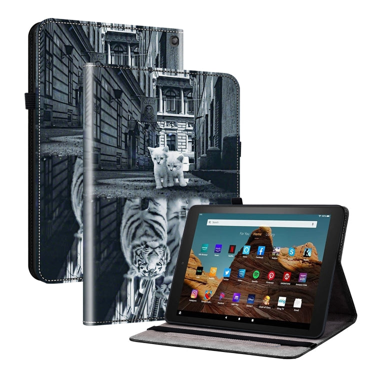 For Amazon Fire HD10 2023 Crystal Texture Painted Leather Tablet Case(Cat Reflection Tiger)