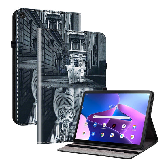For Lenovo Tab M10 10.1 3rd Gen Crystal Texture Painted Leather Tablet Case(Cat Reflection Tiger)