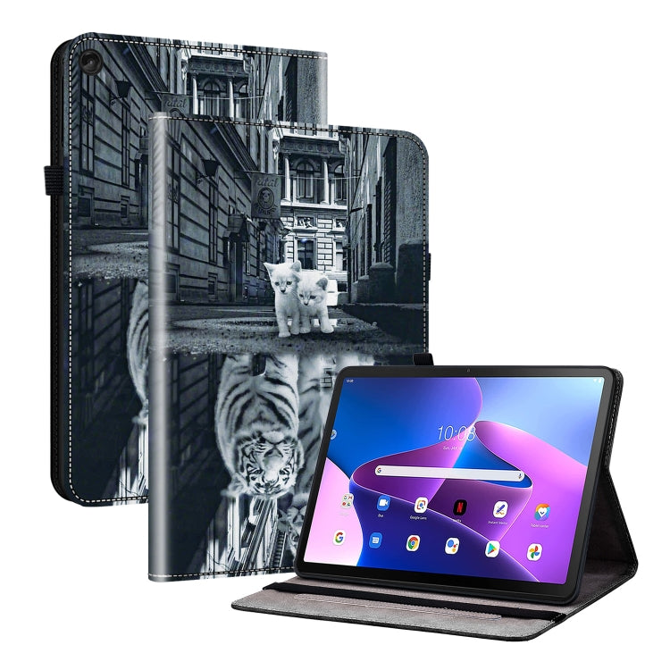 For Lenovo Tab M10 Plus HD 10.6 3rd Gen Crystal Texture Painted Leather Tablet Case(Cat Reflection Tiger)