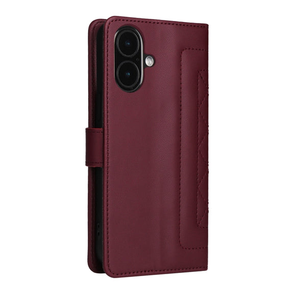 For iPhone 16 Diamond Lattice Leather Flip Phone Case(Wine Red)