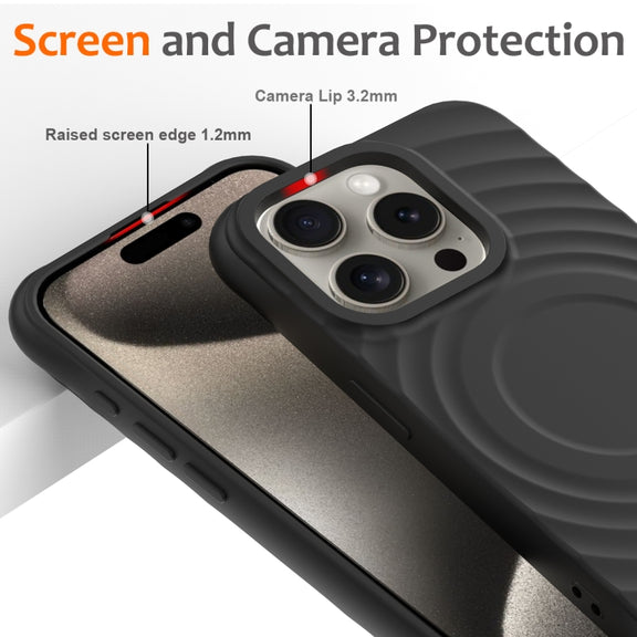 For iPhone 16 Pro Wave Texture MagSafe Magnetic Liquid Silicone Phone Case(Black)