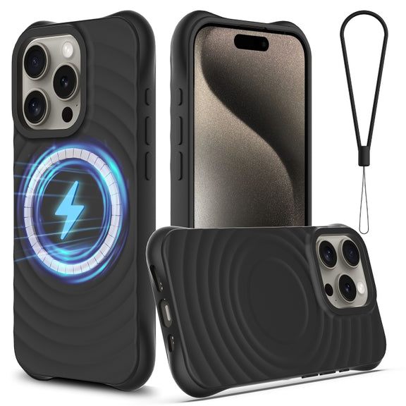 For iPhone 16 Pro Wave Texture MagSafe Magnetic Liquid Silicone Phone Case(Black)