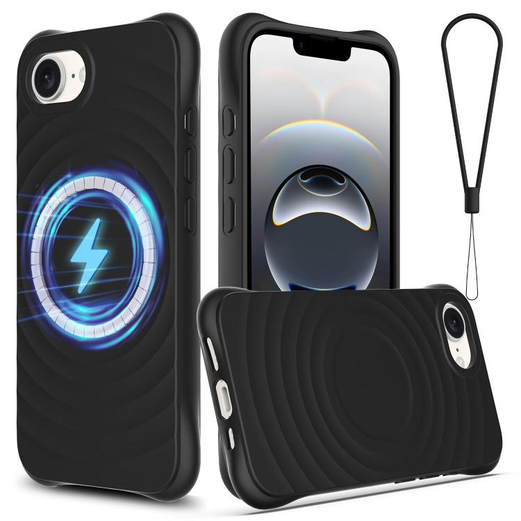 For iPhone 16e Wave Texture MagSafe Magnetic Liquid Silicone Phone Case(Black)