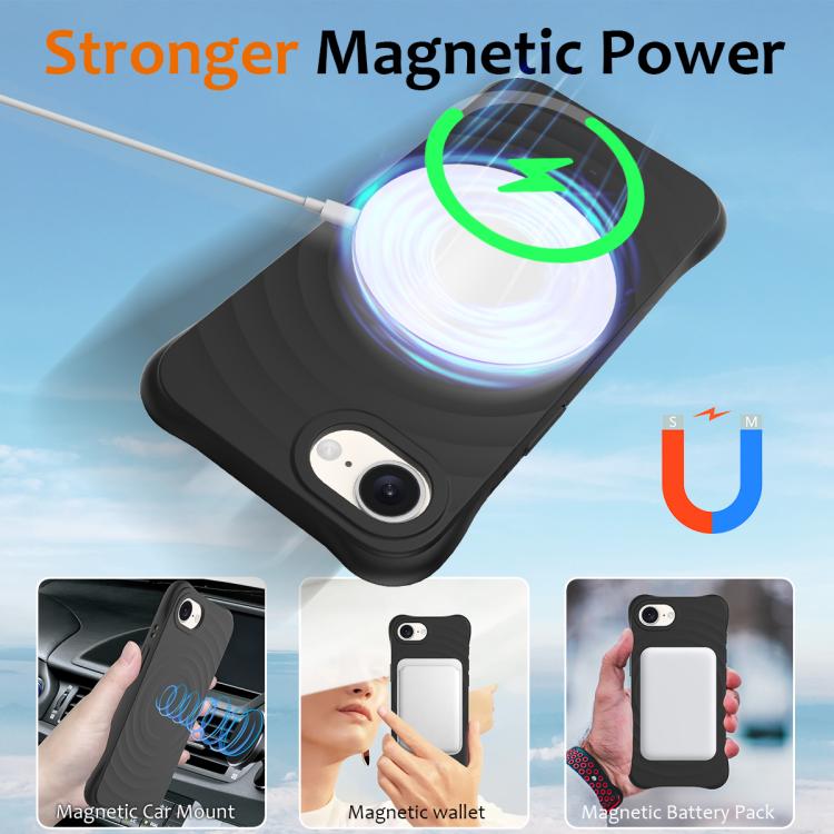 For iPhone 16e Wave Texture MagSafe Magnetic Liquid Silicone Phone Case(Black)