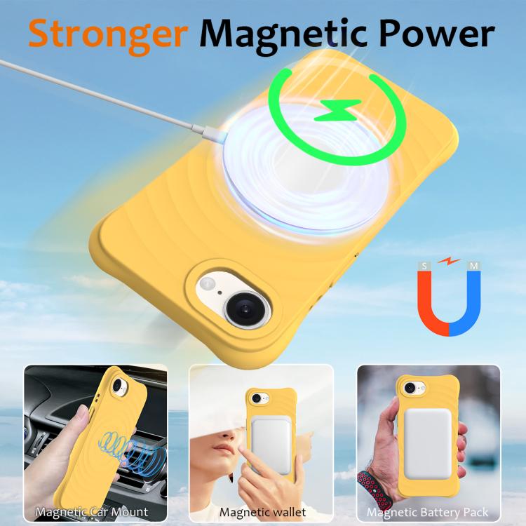 For iPhone 16e Wave Texture MagSafe Magnetic Liquid Silicone Phone Case(Yellow)