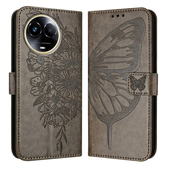 For Realme C67 5G India/Narzo 60x Global Embossed Butterfly Leather Phone Case(Grey)