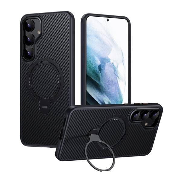 For Samsung Galaxy S25+ 5G Double Ring MagSafe Holder Carbon Fibre Phone Case(Black)