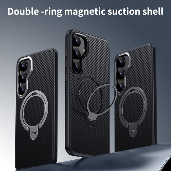 For Samsung Galaxy S25+ 5G Double Ring MagSafe Holder Carbon Fibre Phone Case(Silver)