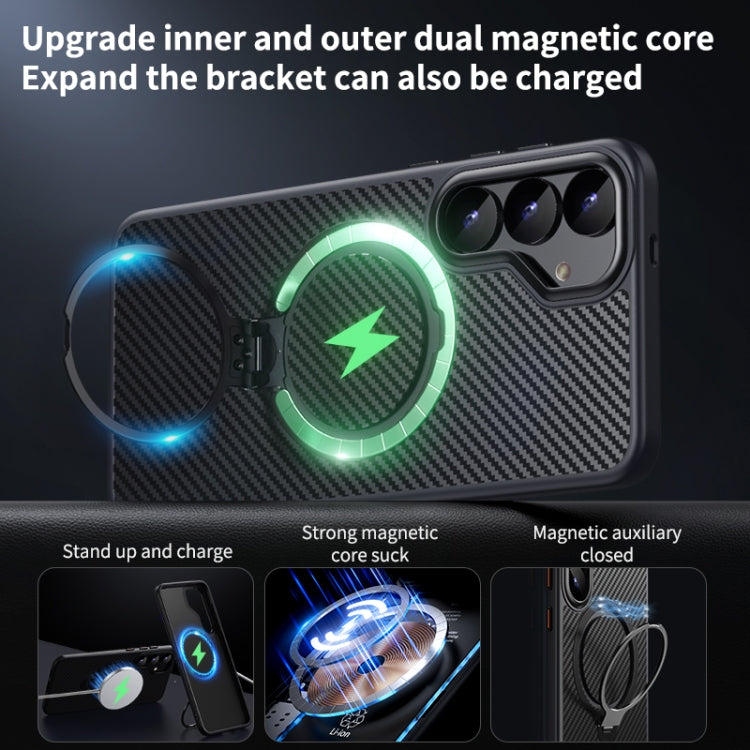 For Samsung Galaxy S25+ 5G Double Ring MagSafe Holder Carbon Fibre Phone Case(Silver)