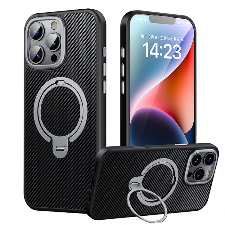 For iPhone 16 Pro Double Ring MagSafe Holder Carbon Fiber Phone Case(Silver)