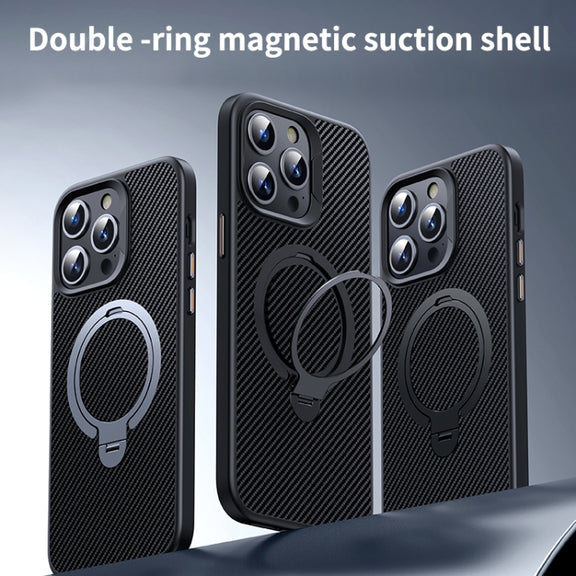 For iPhone 16 Double Ring MagSafe Holder Carbon Fiber Phone Case(Black)