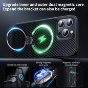 For iPhone 16 Double Ring MagSafe Holder Carbon Fiber Phone Case(Silver)