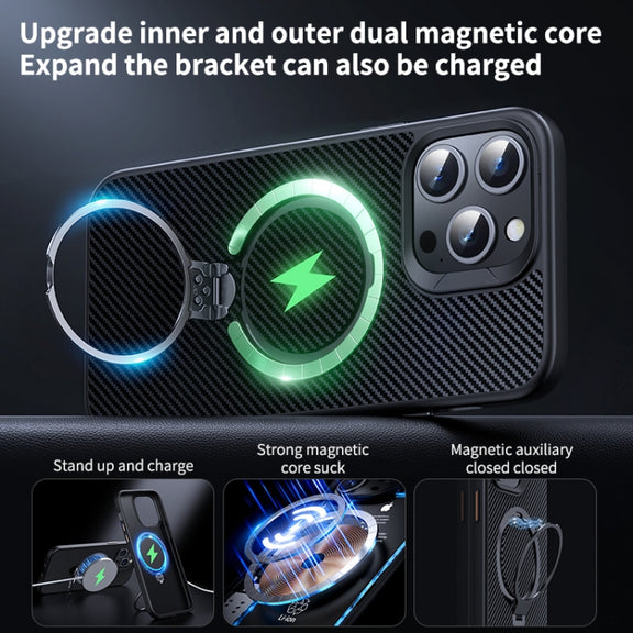 For iPhone 16 Pro Double Ring MagSafe Holder Carbon Fiber Phone Case(Silver)