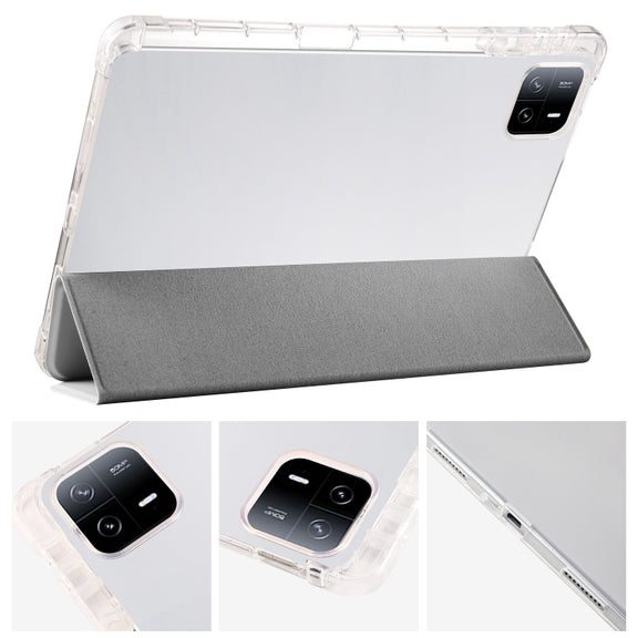 For iPad Pro 13 2024 3-fold Clear TPU Smart Leather Tablet Case with Pen Slot(Space Gray)