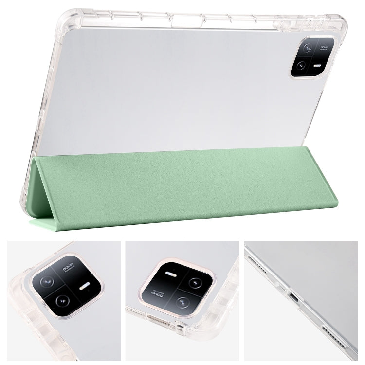 For iPad Air 11 2025 / 2024 3-fold Clear TPU Smart Leather Tablet Case with Pen Slot(Green)