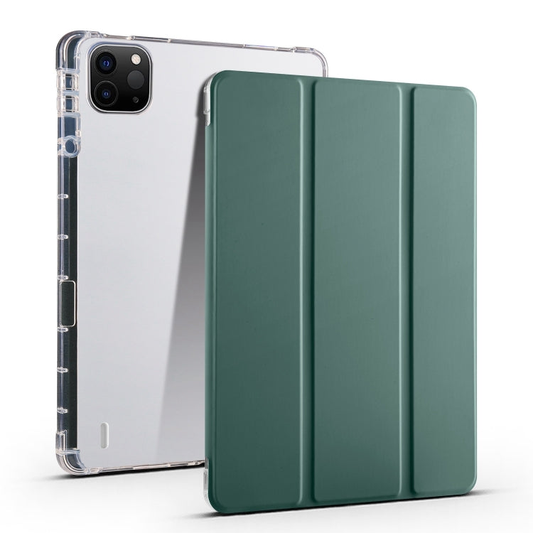 For iPad Air 13 2025 / 2024 3-fold Clear TPU Smart Leather Tablet Case with Pen Slot(Dark Green)