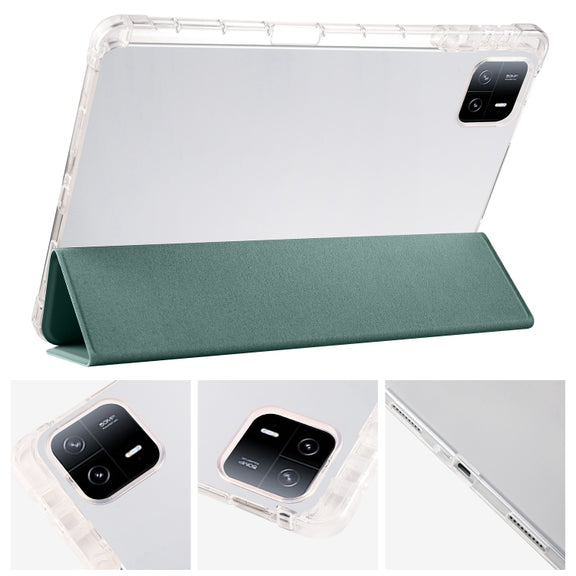 For iPad Air 13 2025 / 2024 3-fold Clear TPU Smart Leather Tablet Case with Pen Slot(Dark Green)