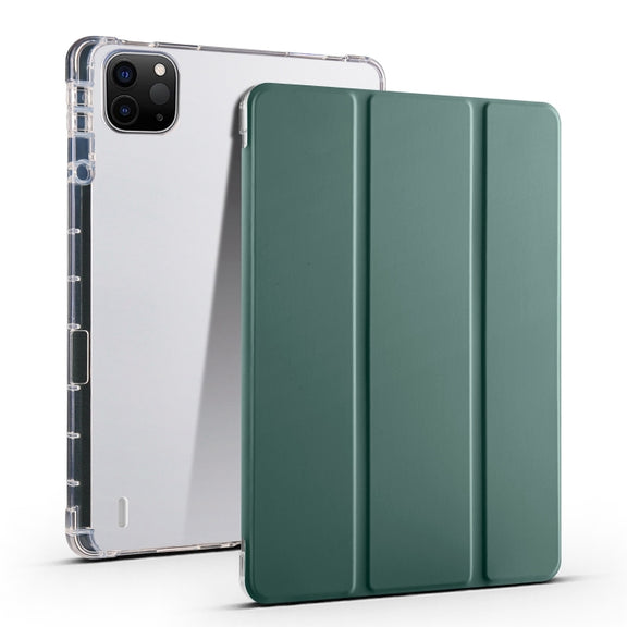 For iPad Air 13 2025 / 2024 3-fold Clear TPU Smart Leather Tablet Case with Pen Slot(Dark Green)