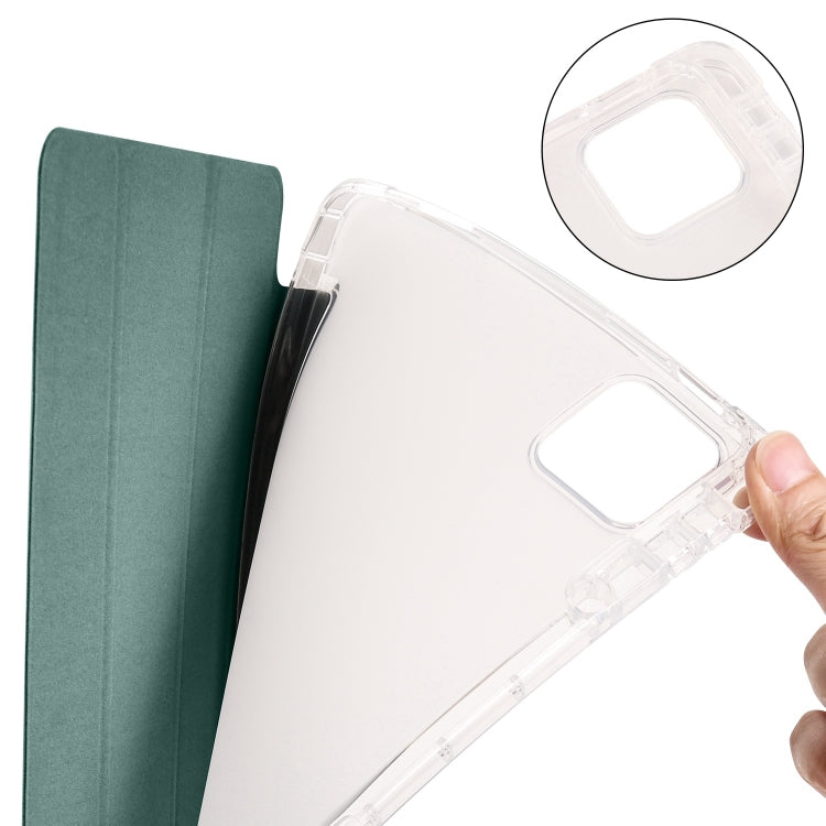 For iPad Air 13 2025 / 2024 3-fold Clear TPU Smart Leather Tablet Case with Pen Slot(Dark Green)